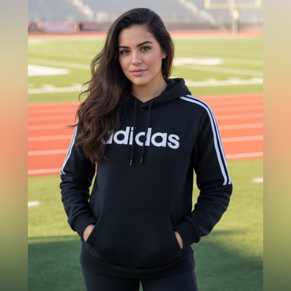 Adidas Sweatshirt Hoodie Black 3-Stripe Logo Stitched Women's Sz Small EUC‎